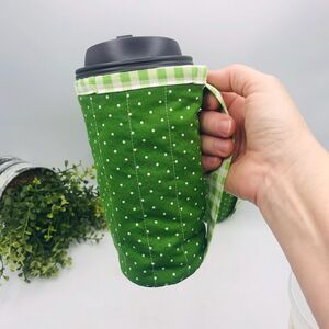 Drink Coozie with Handle Hot or Iced Drinks Cozy Insulated Green Dots